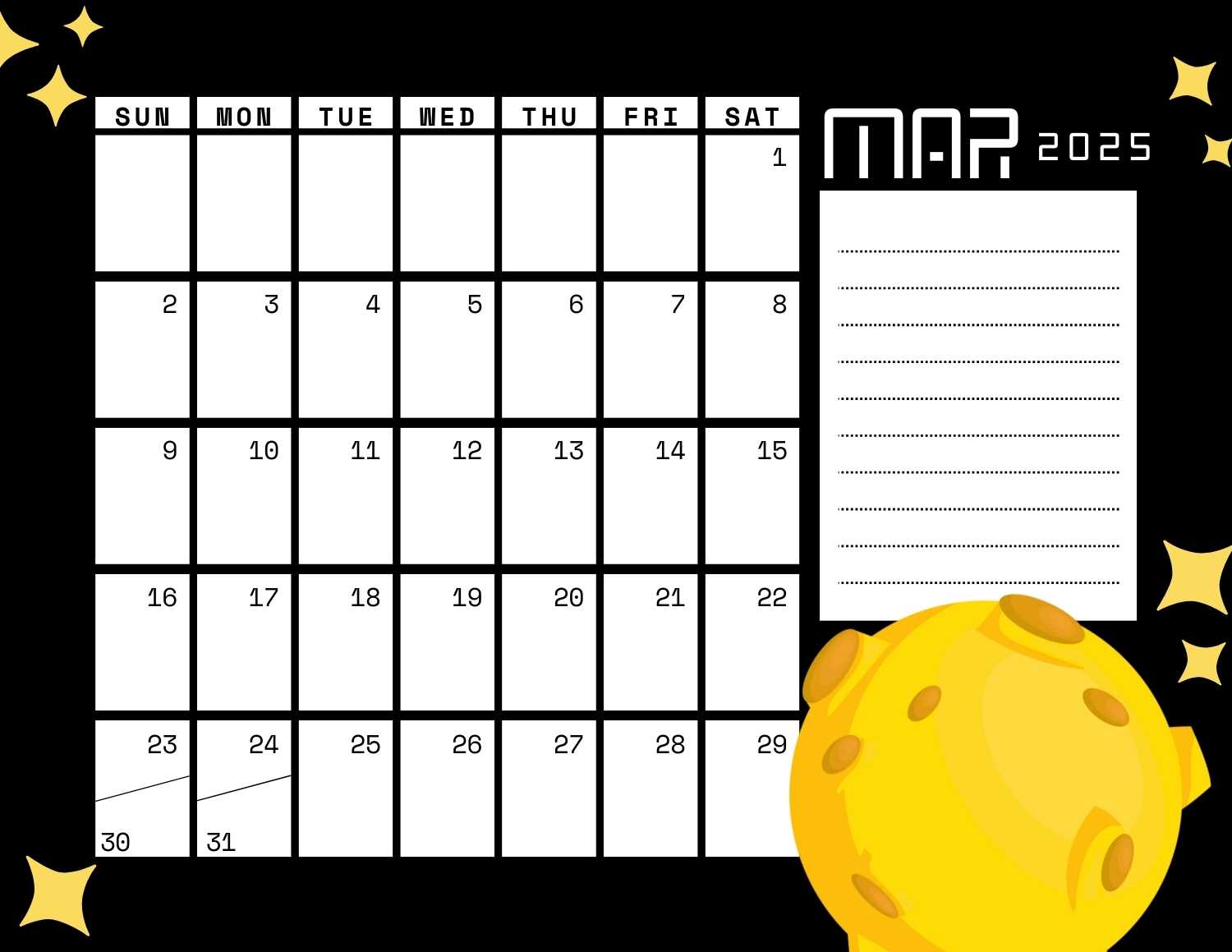 space (black) calendar 2025 - March