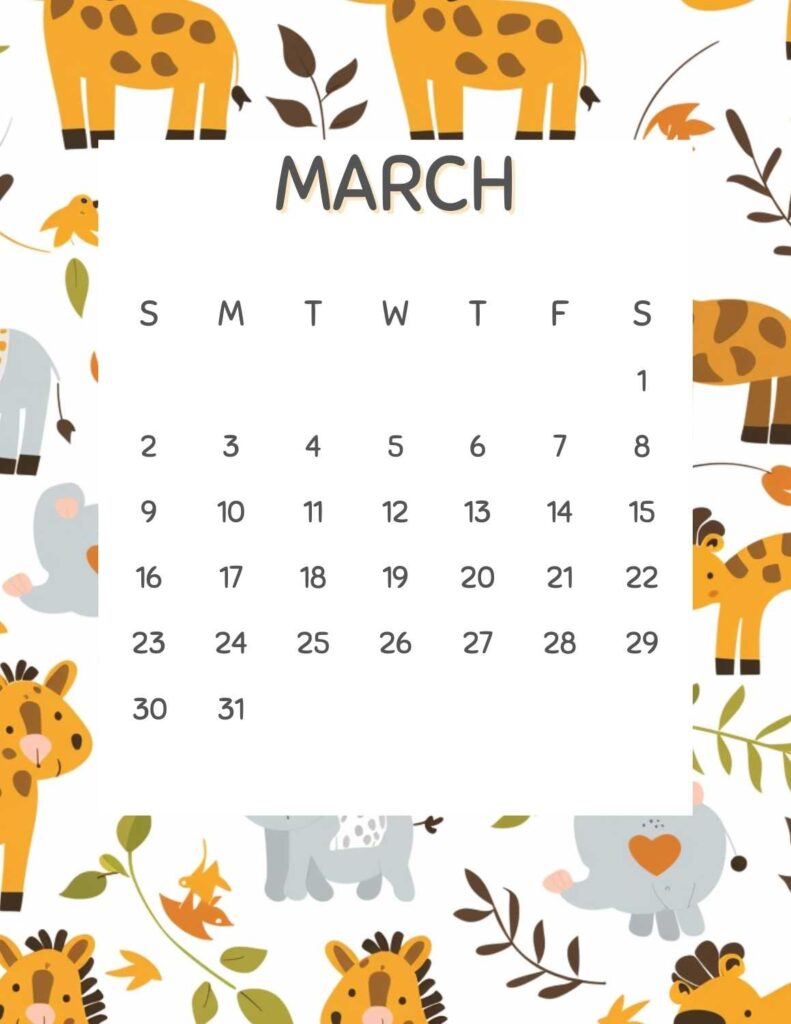 safari animals calendar 2025 - march