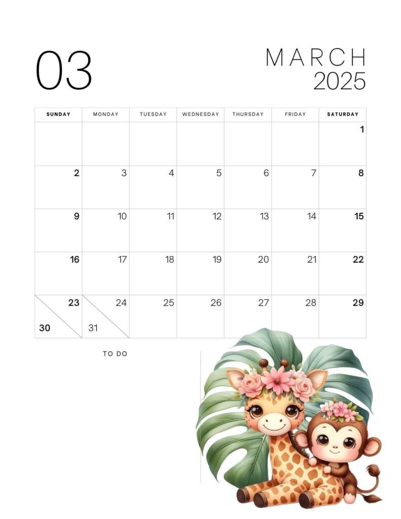 cute animals calendar 2025 - march