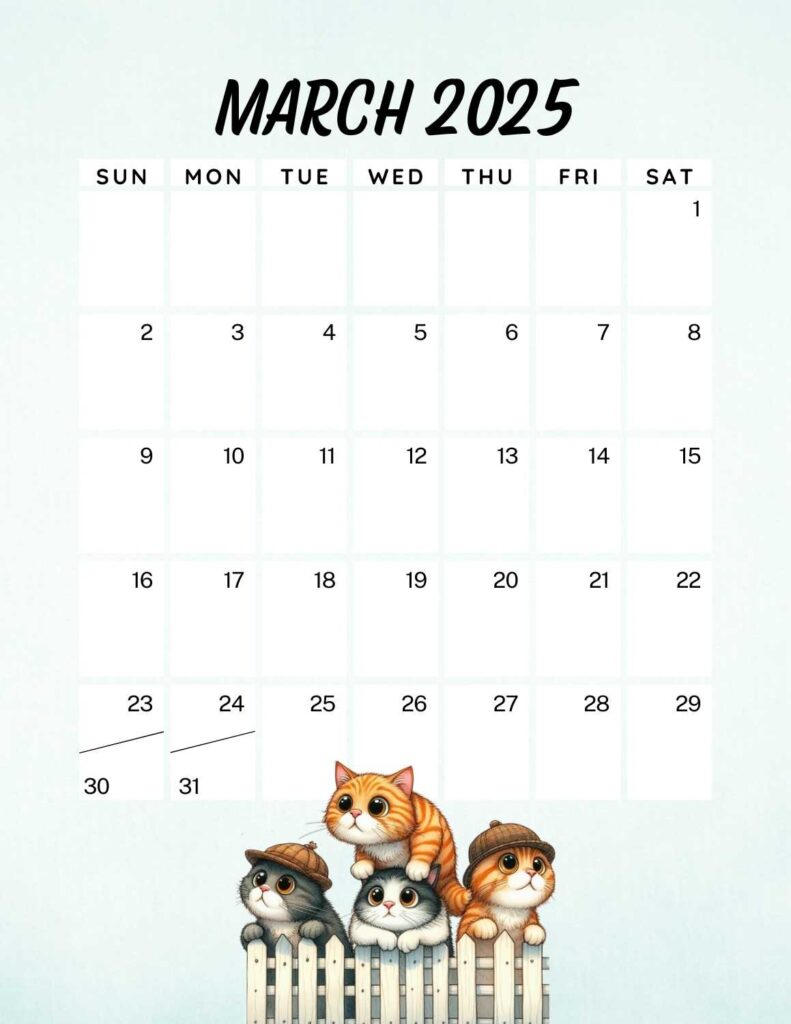 cute cats calendar 2025 - march