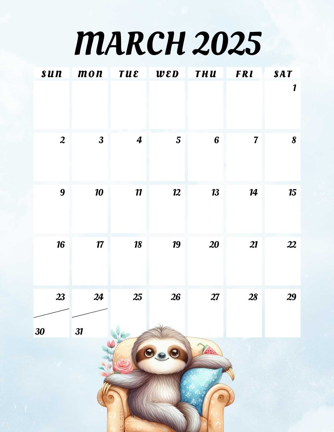 cute sloths calendar 2025 - March