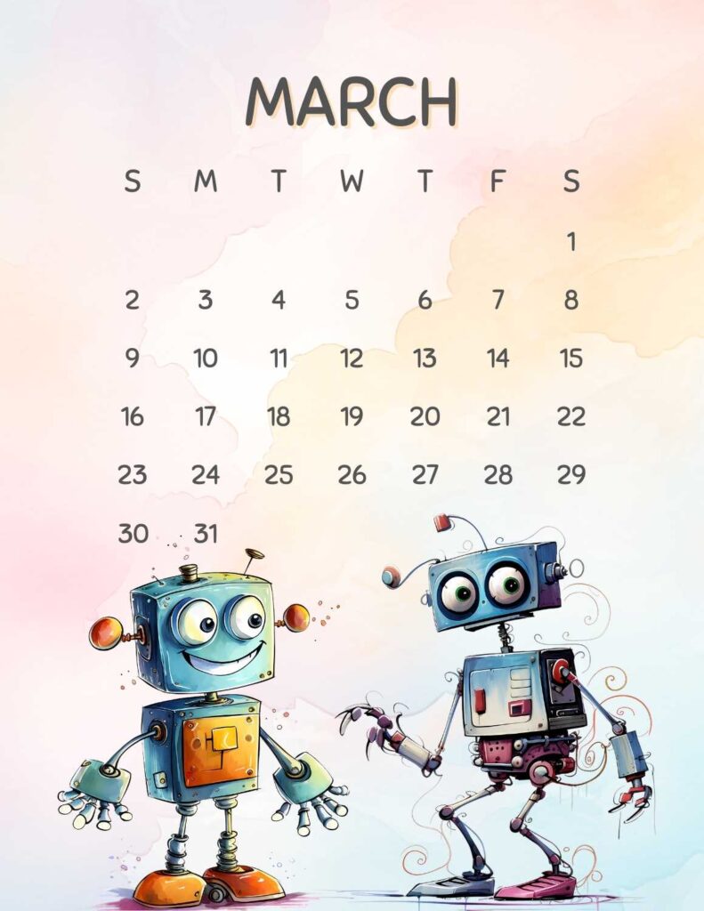 robots calendar 2025 - march