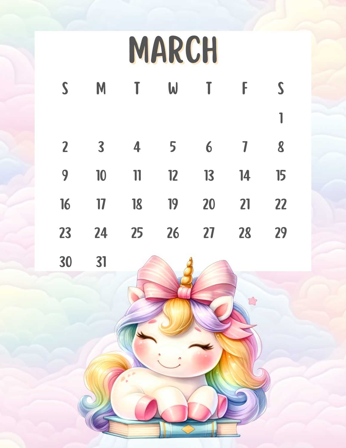 cute unicorn calendar 2025 - March