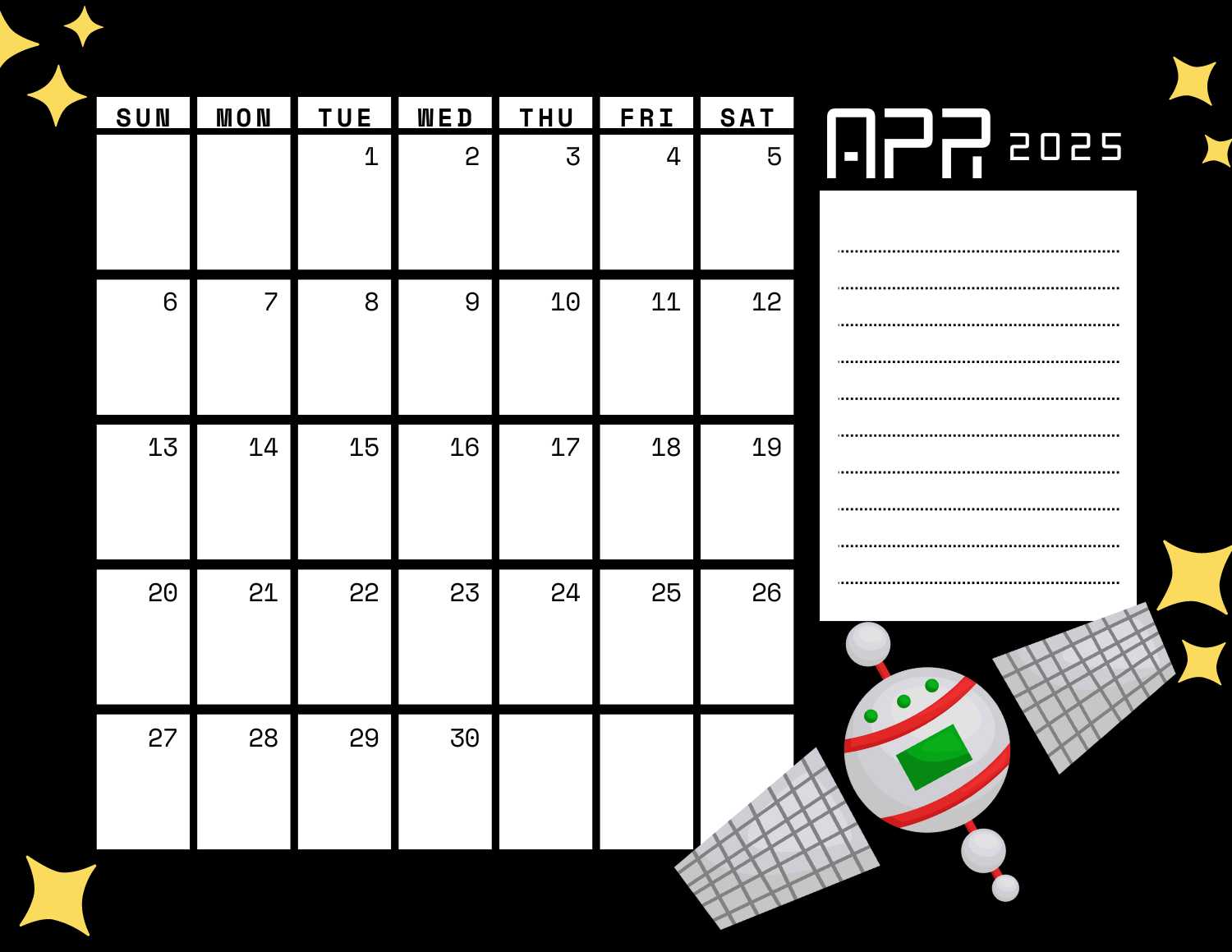 space (black) calendar 2025 - April