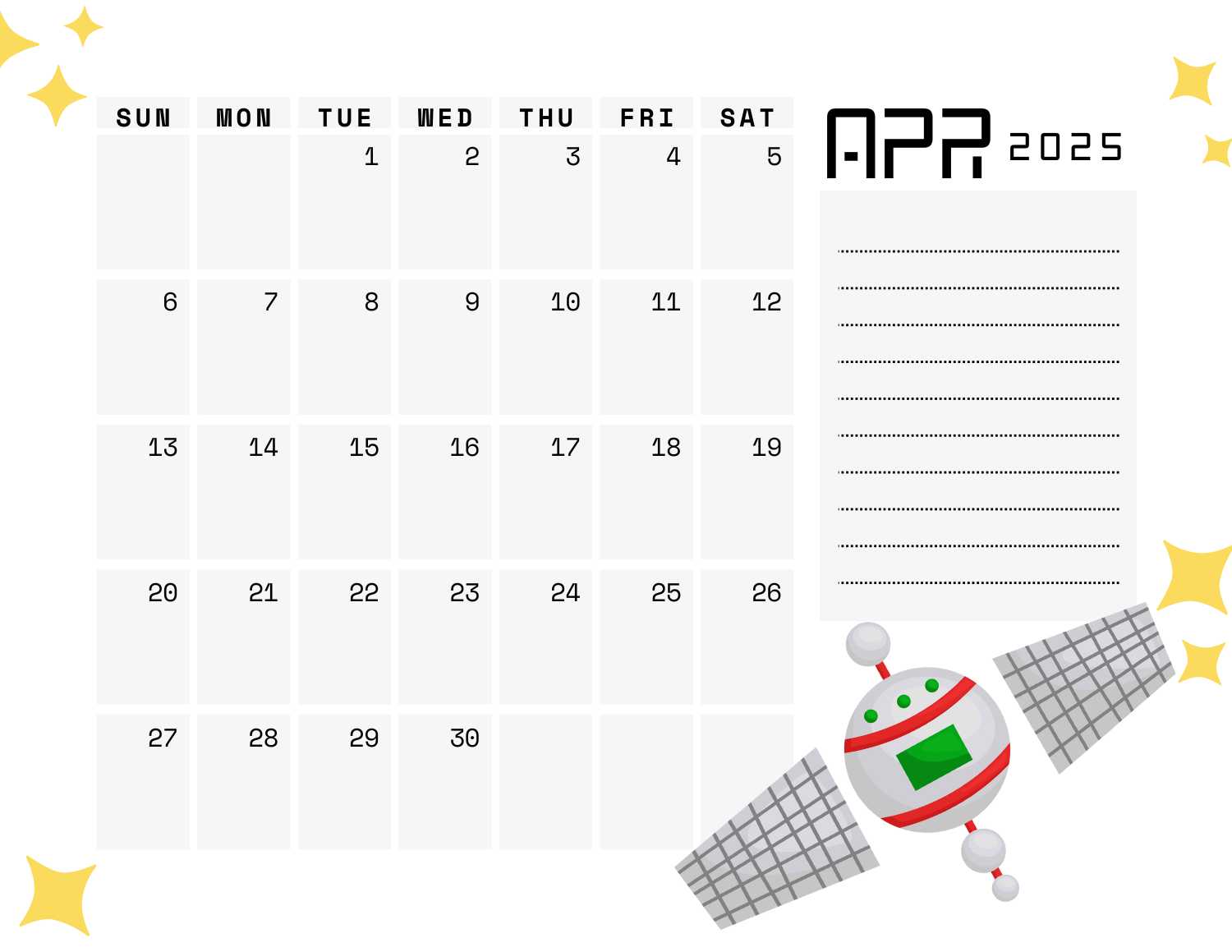 space (white) calendar 2025 - April