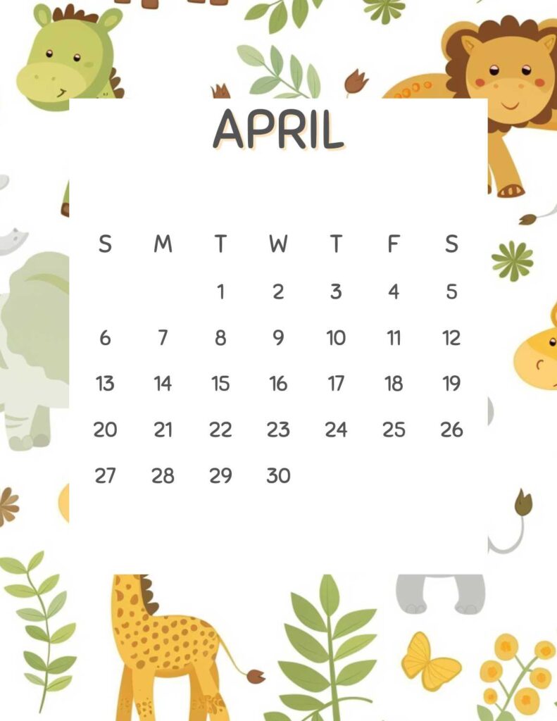 safari animals calendar 2025 - April