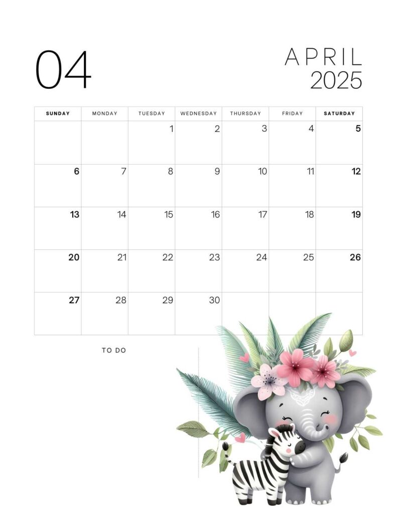 cute animals calendar 2025 - April