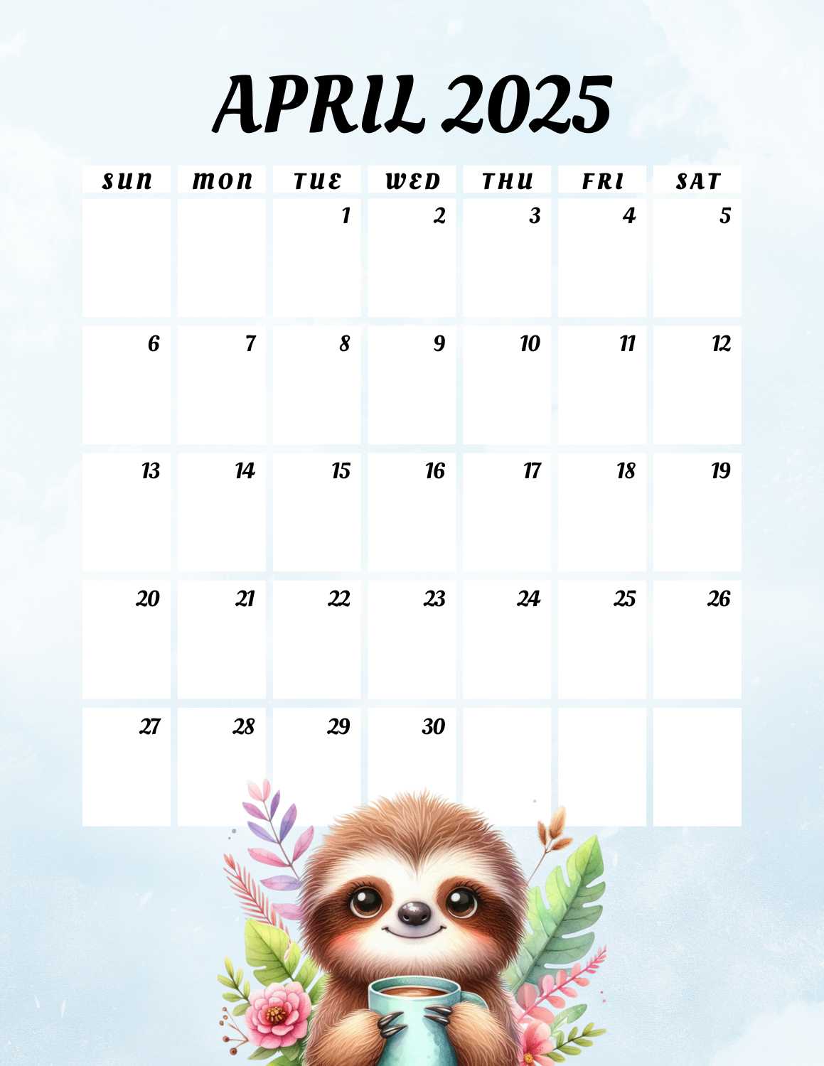 cute sloths calendar 2025 - April