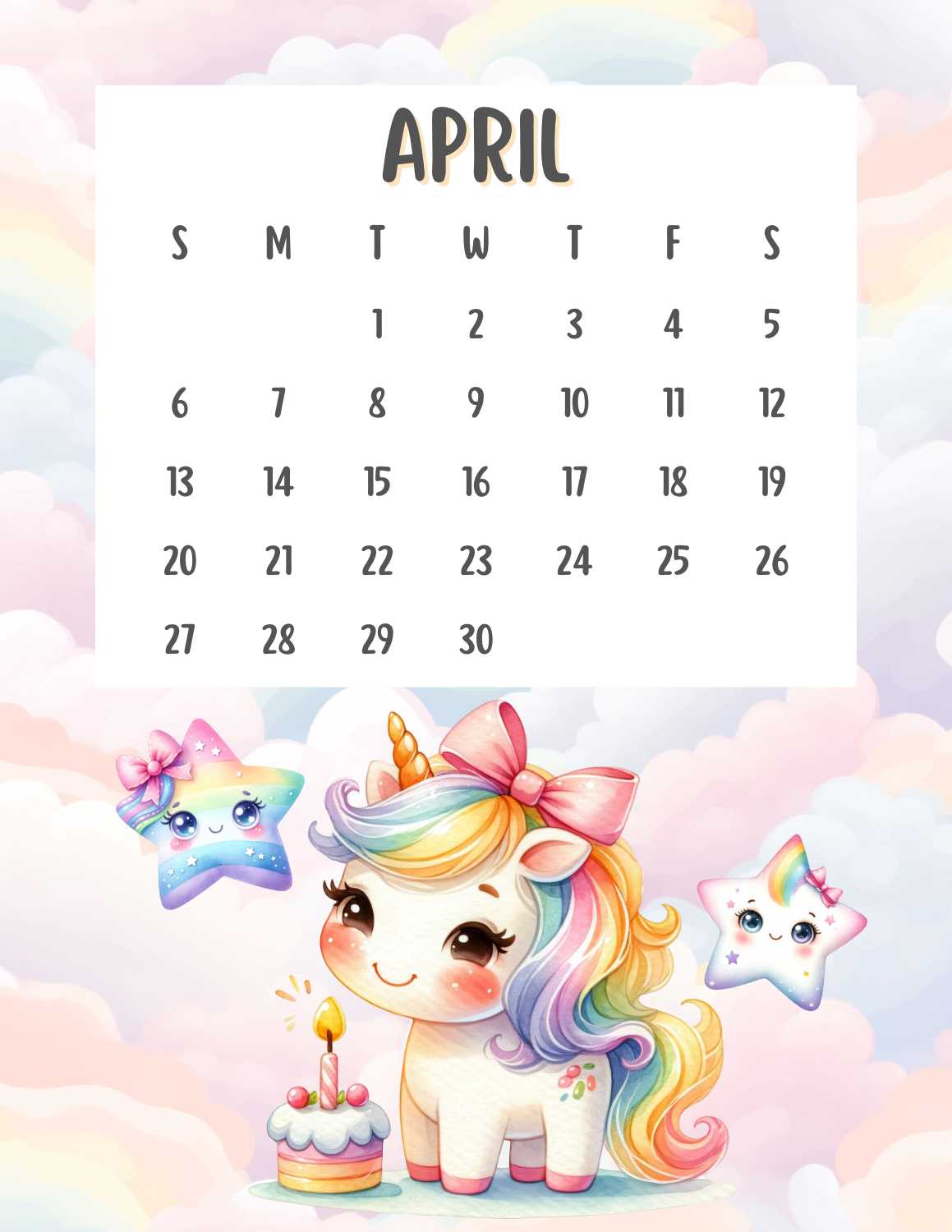 cute unicorn calendar 2025 - April