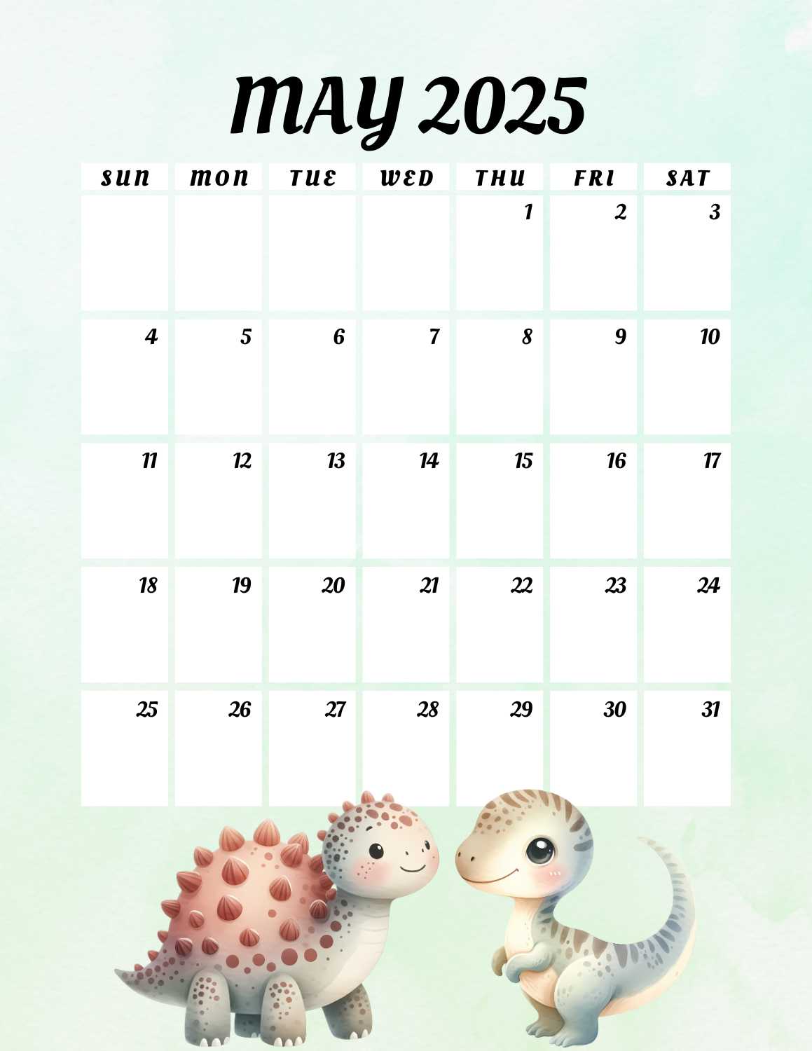 cute dinosaurs calendar 2025 - May