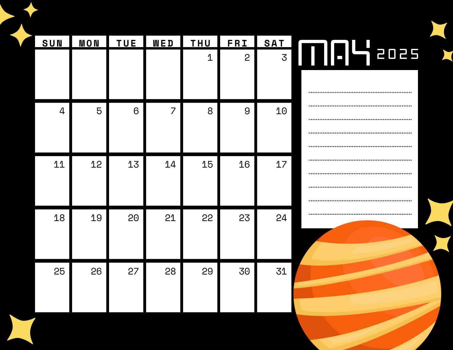 space (black) calendar 2025 - May