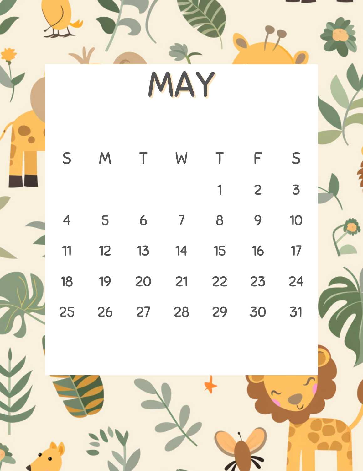 Safari Animals Calendar 2025 – Free Kids Printables