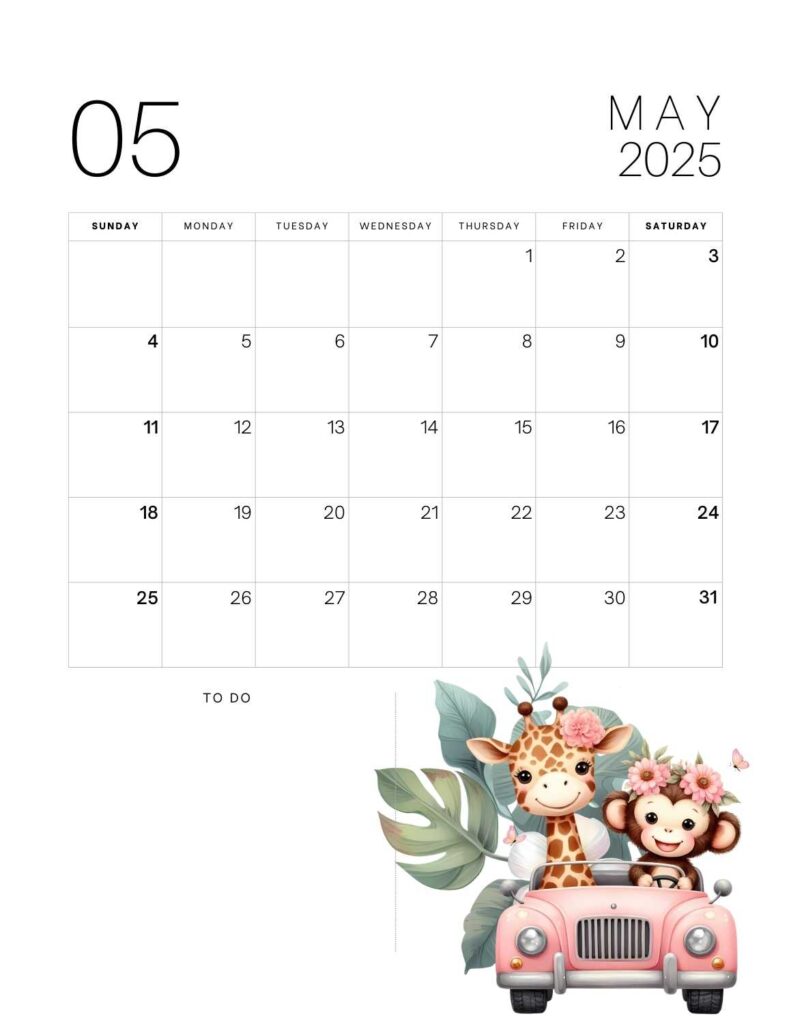 cute animals calendar 2025 - may