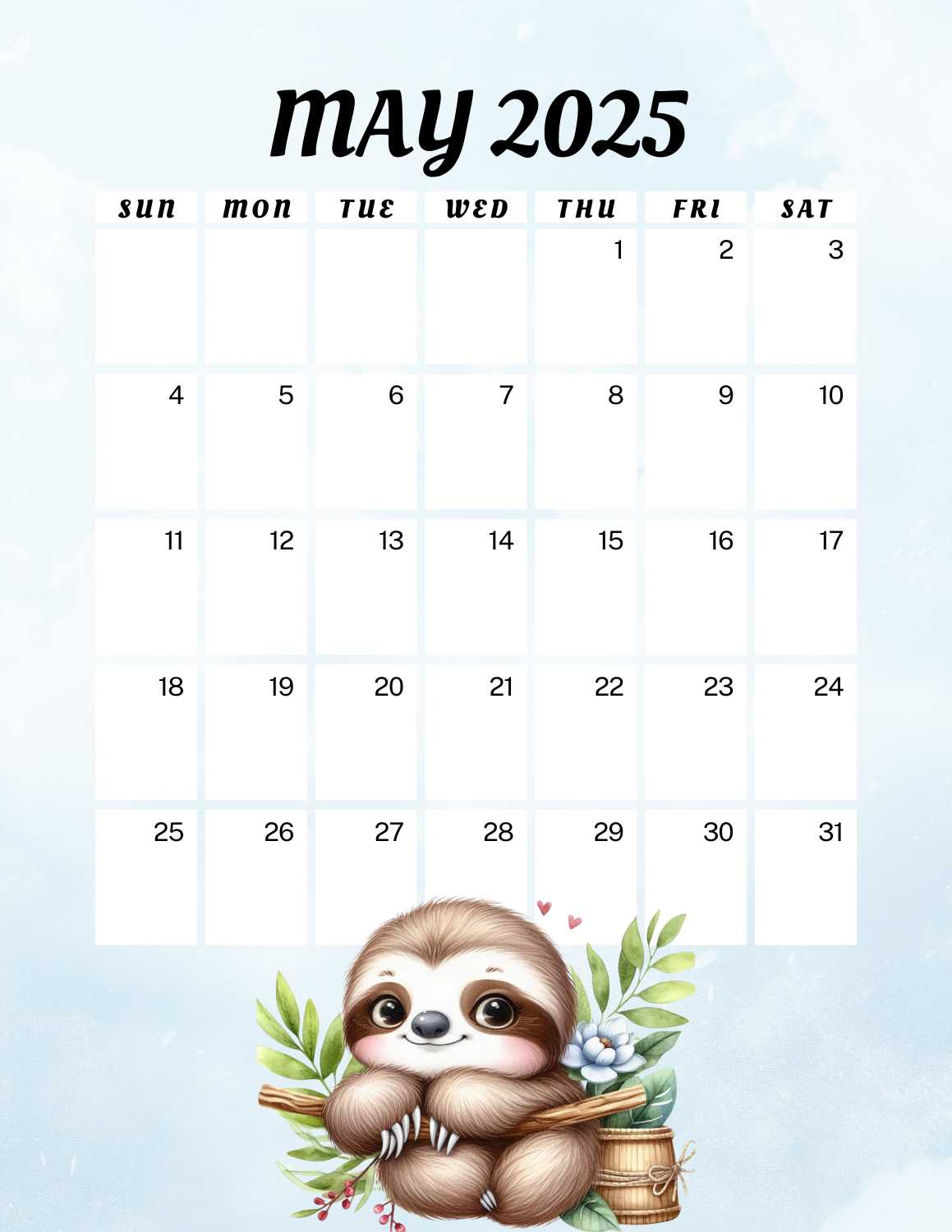 cute sloths calendar 2025 - May