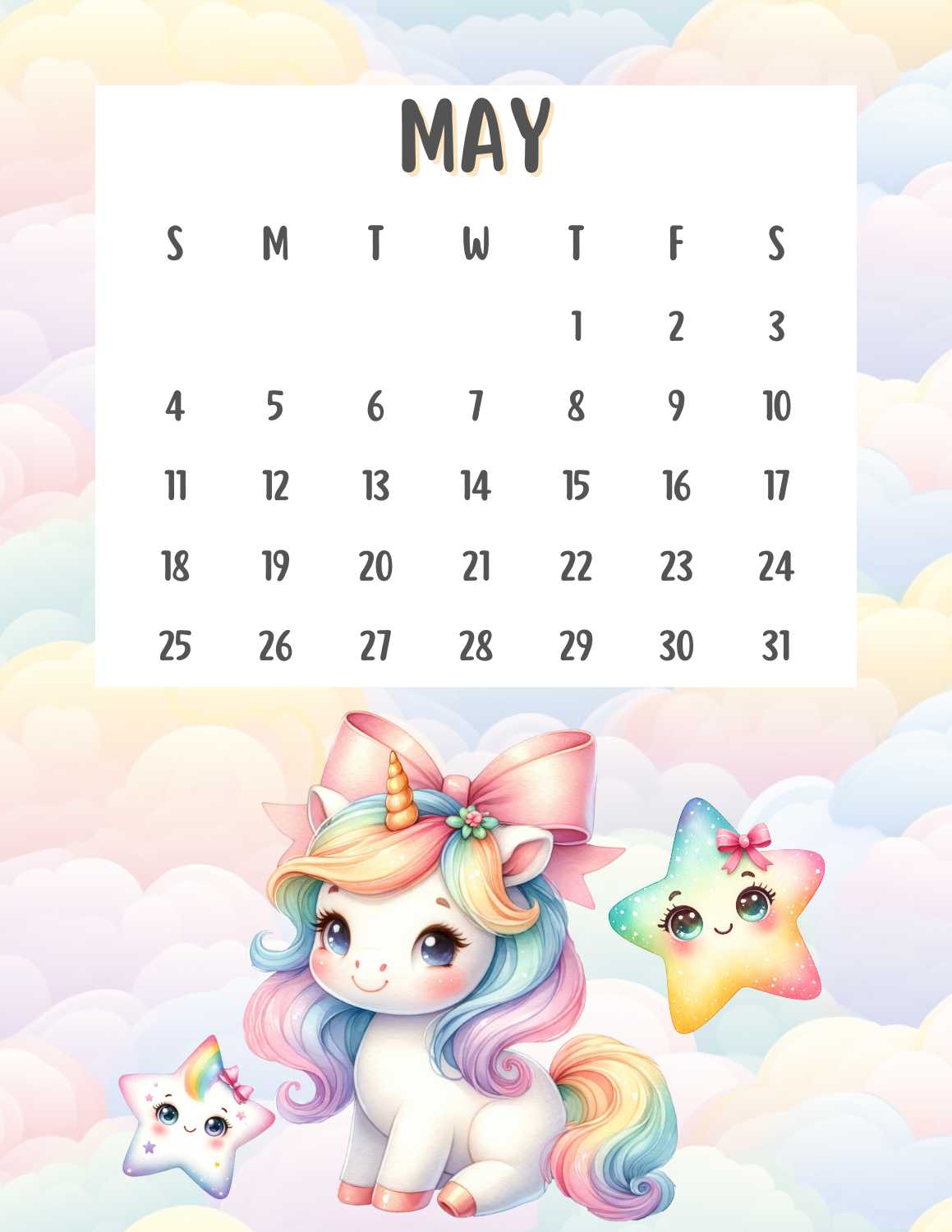 cute unicorn calendar 2025 - May