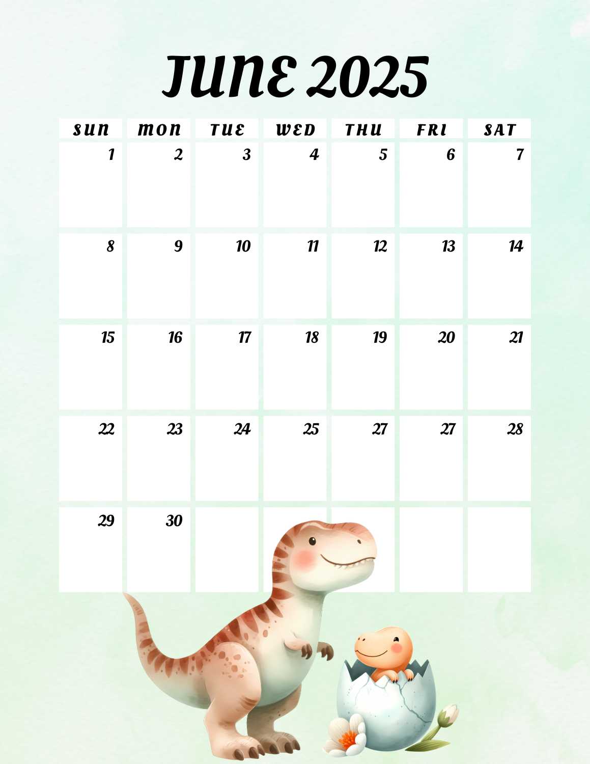 cute dinosaurs calendar 2025 - June