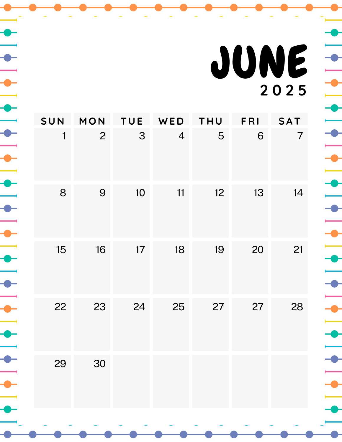 colorful calendar 2025 - June