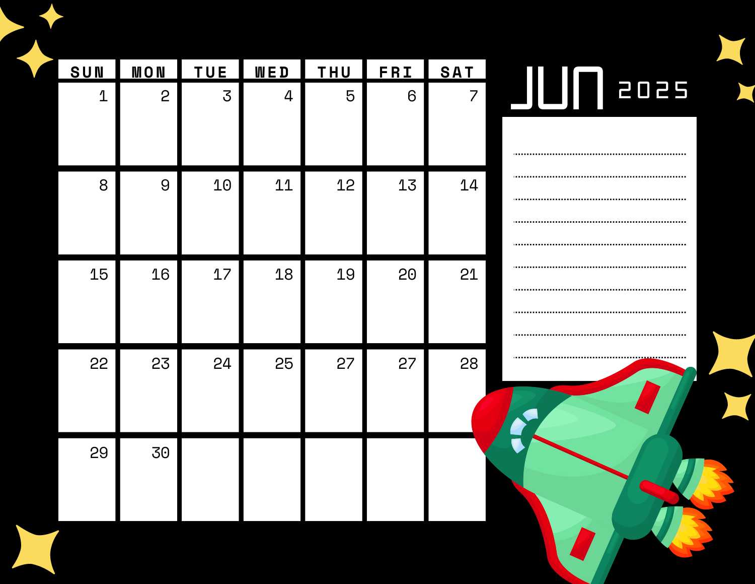 space (black) calendar 2025 - June