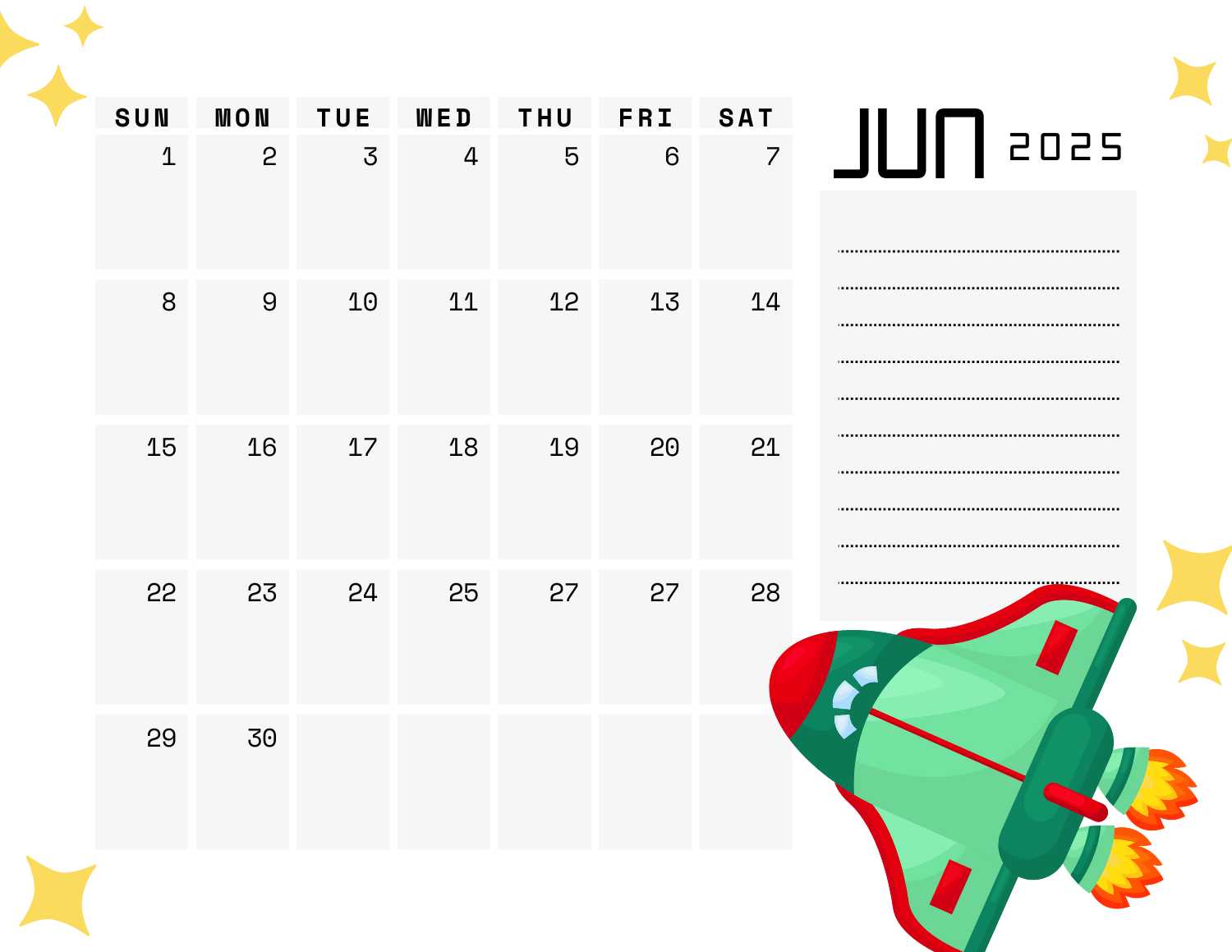 space (white) calendar 2025 - June