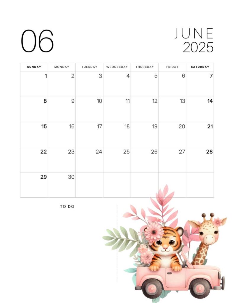 cute animals calendar 2025 - June