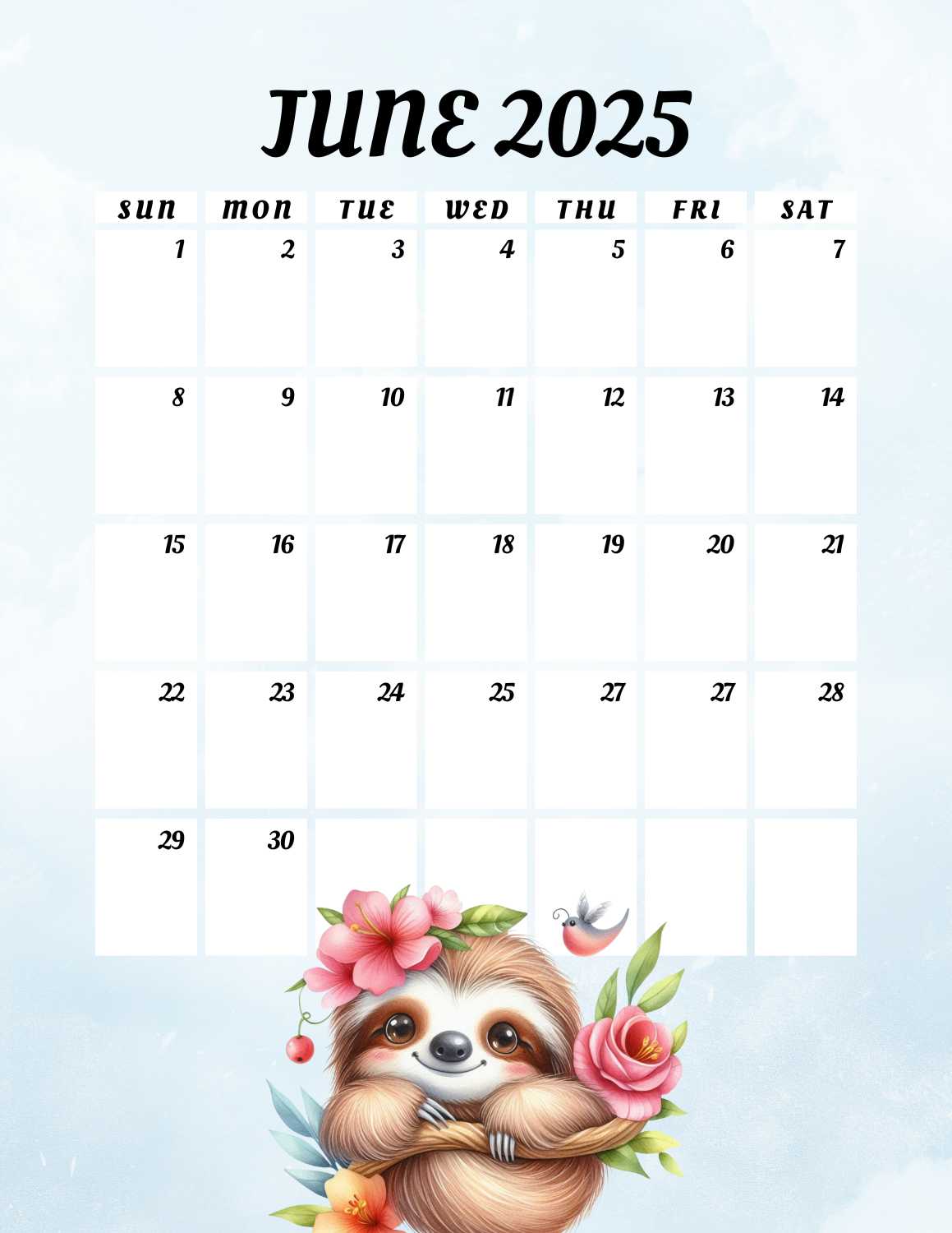 cute sloths calendar 2025 - June