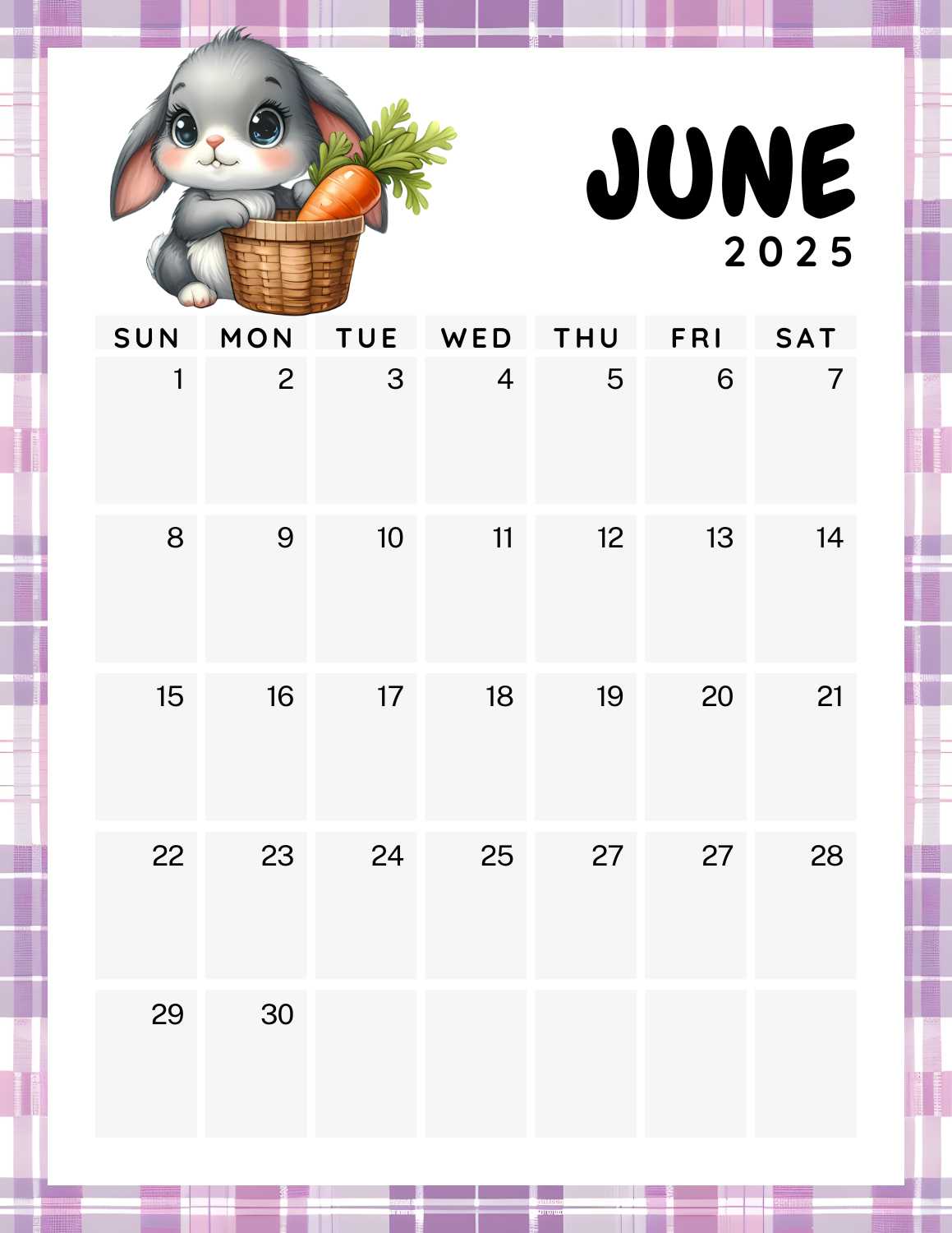 cute bunnies calendar 2025 - June