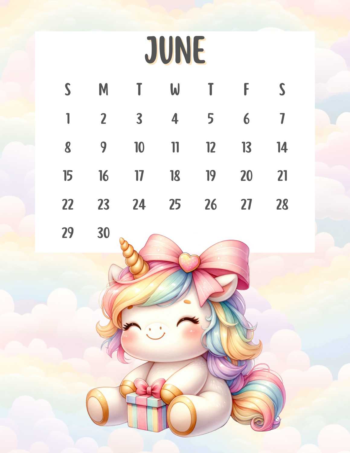 cute unicorn calendar 2025 - June