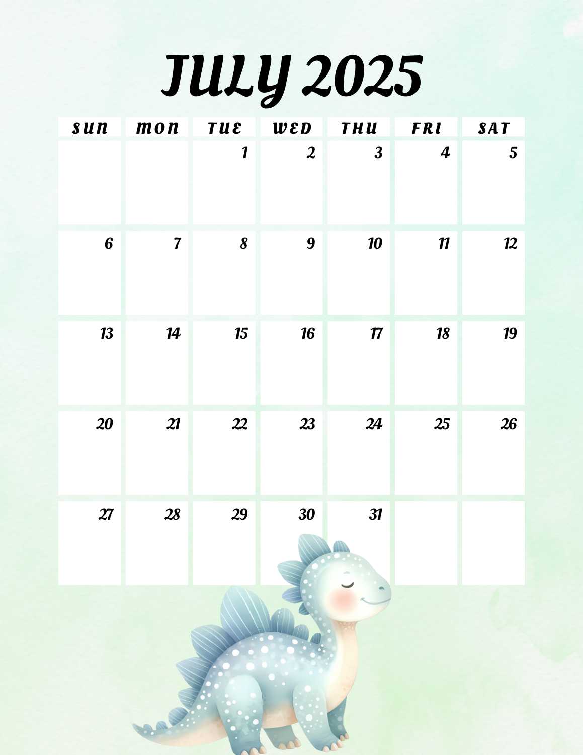 cute dinosaurs calendar 2025 - July