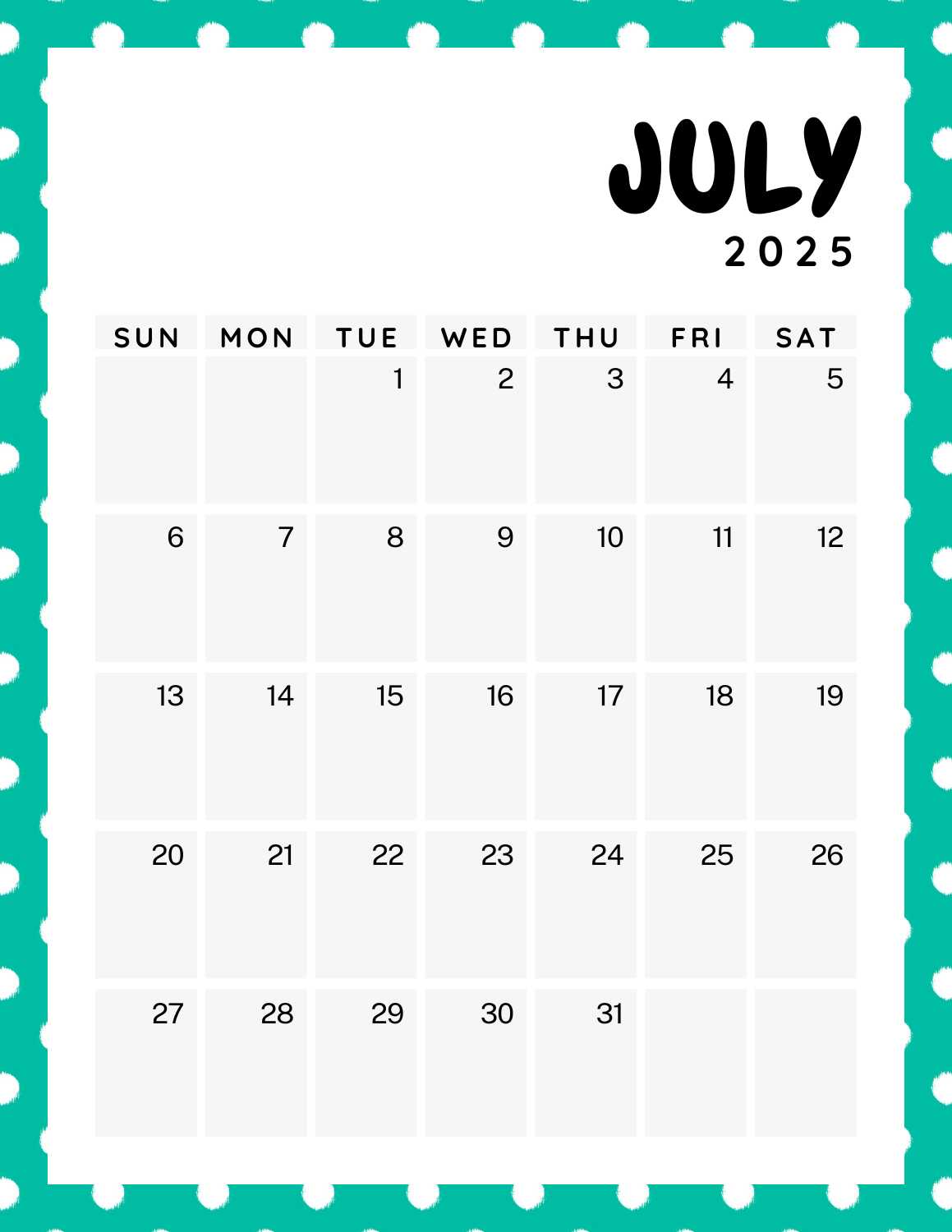 colorful calendar 2025 - July