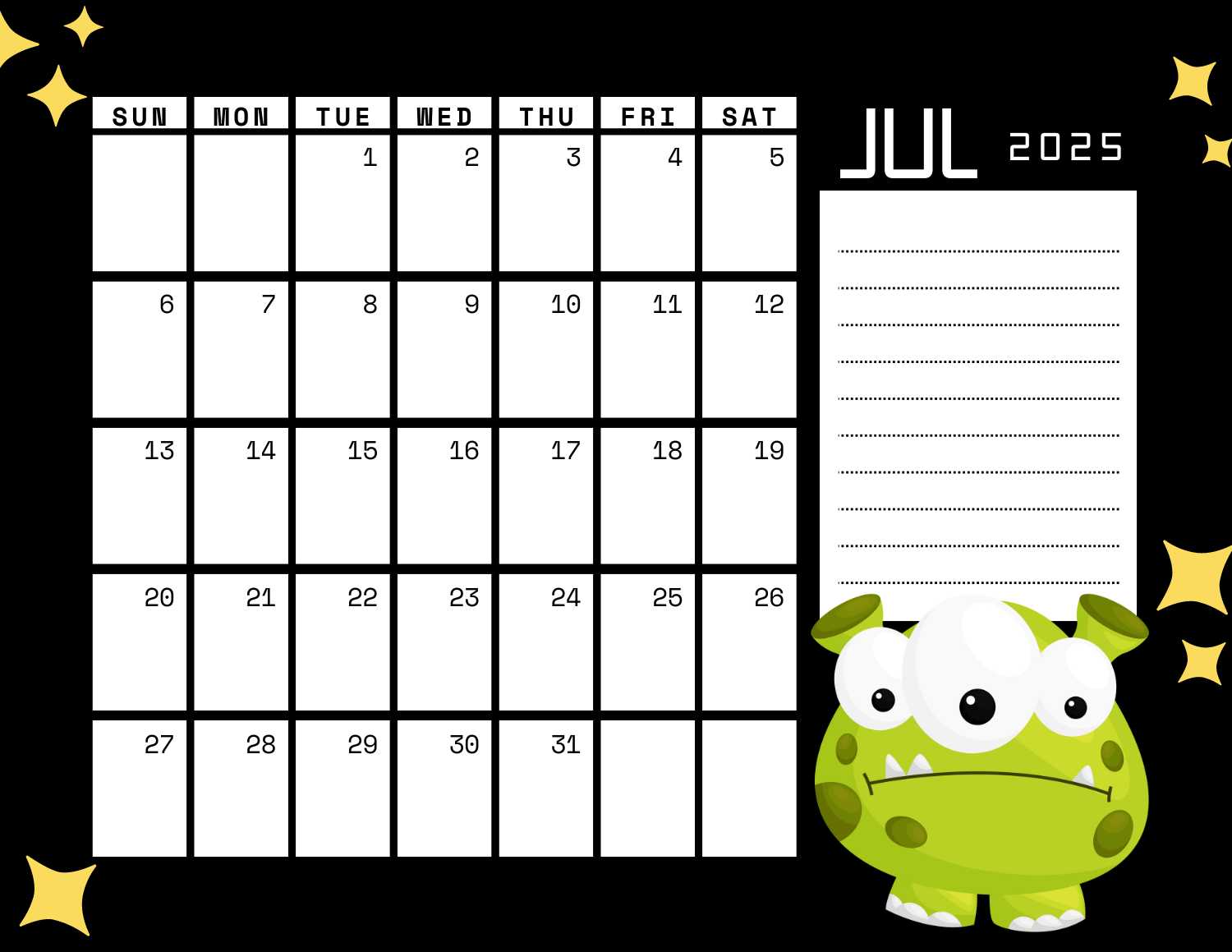 space (black) calendar 2025 - July