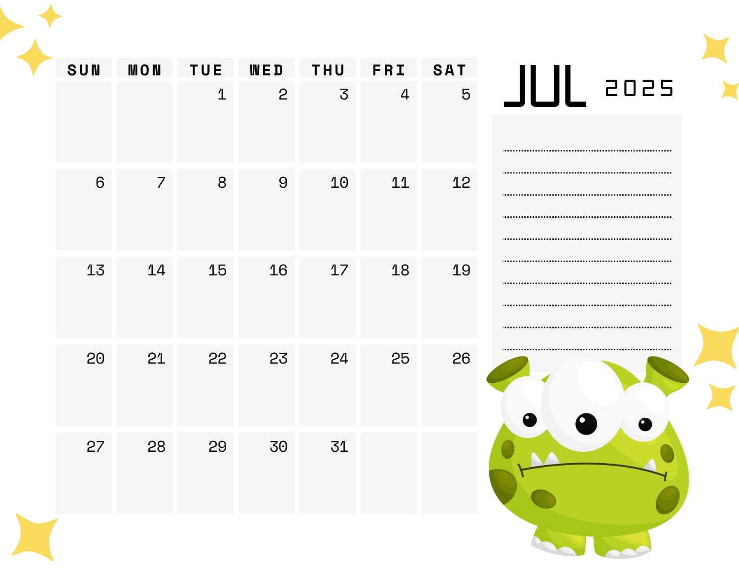 space (white) calendar 2025 - July