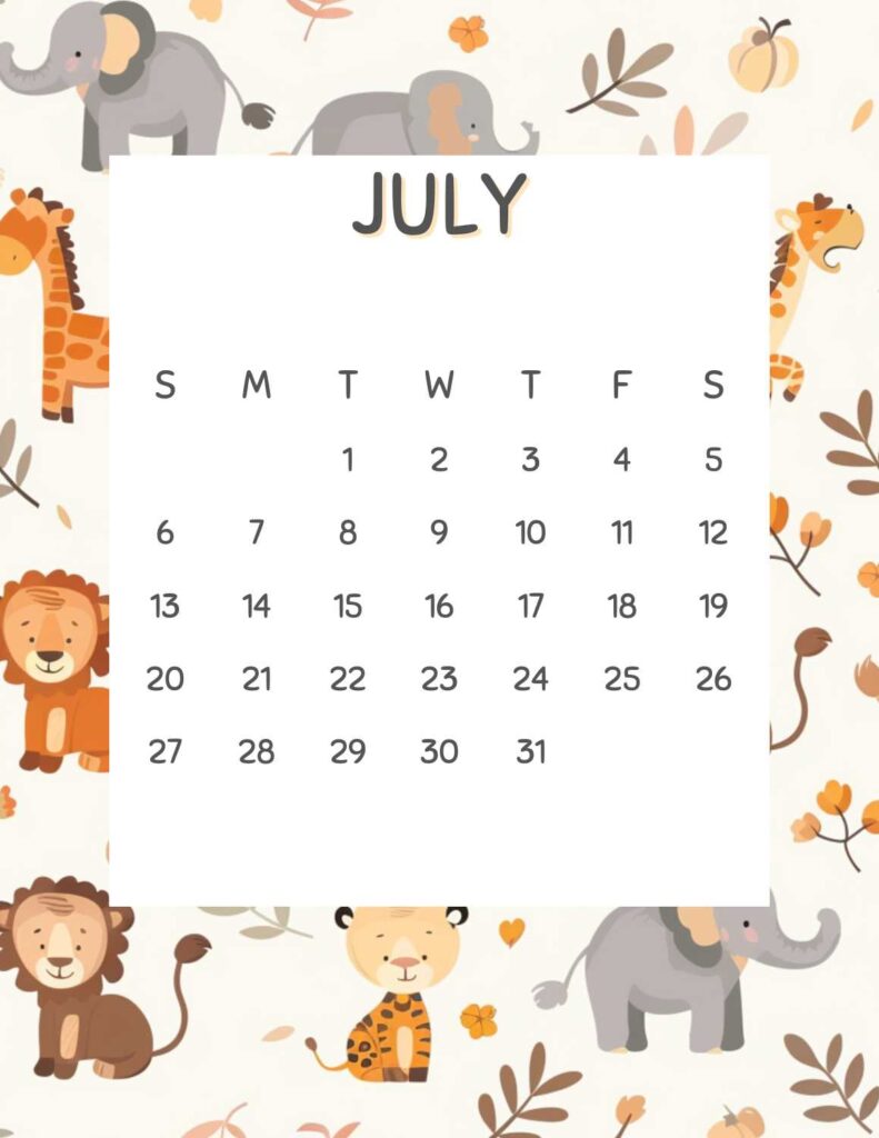 safari animals calendar 2025 - July