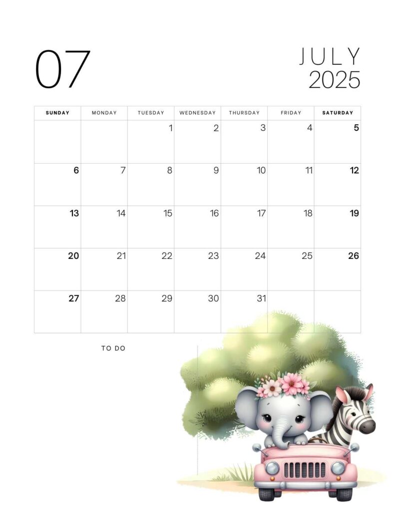 cute animals calendar 2025 - July