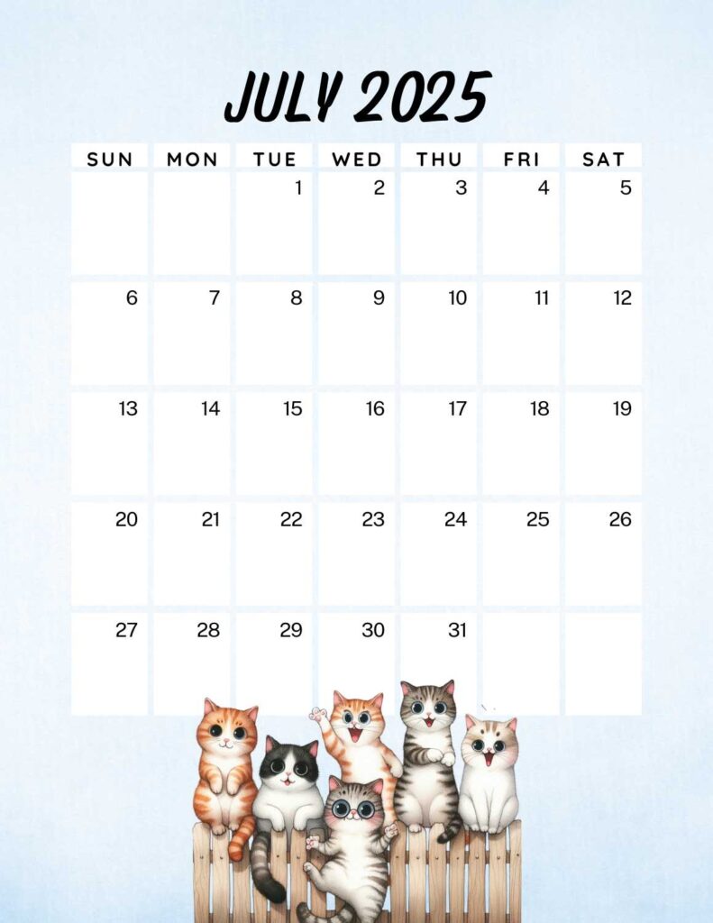 cute cats calendar 2025 - July