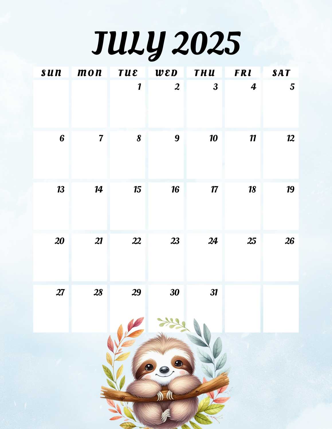 cute sloths calendar 2025 - July