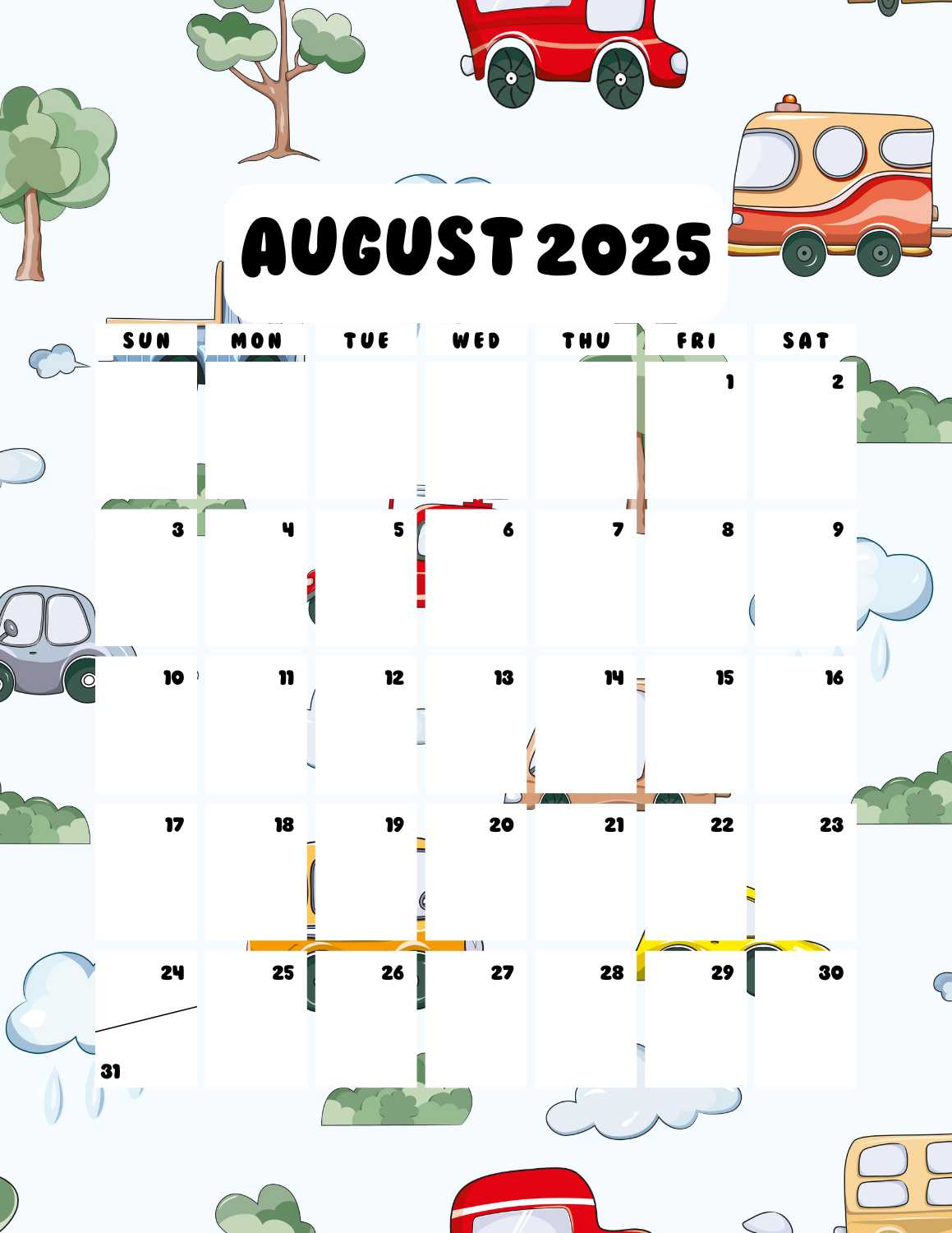 cars calendar 2025 - August