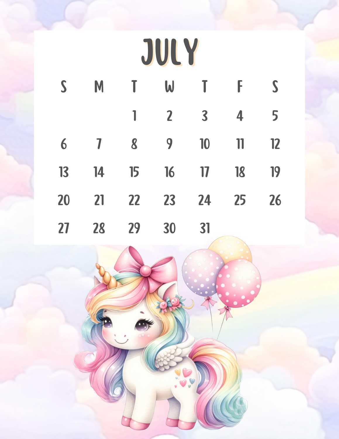 cute unicorn calendar 2025 - July